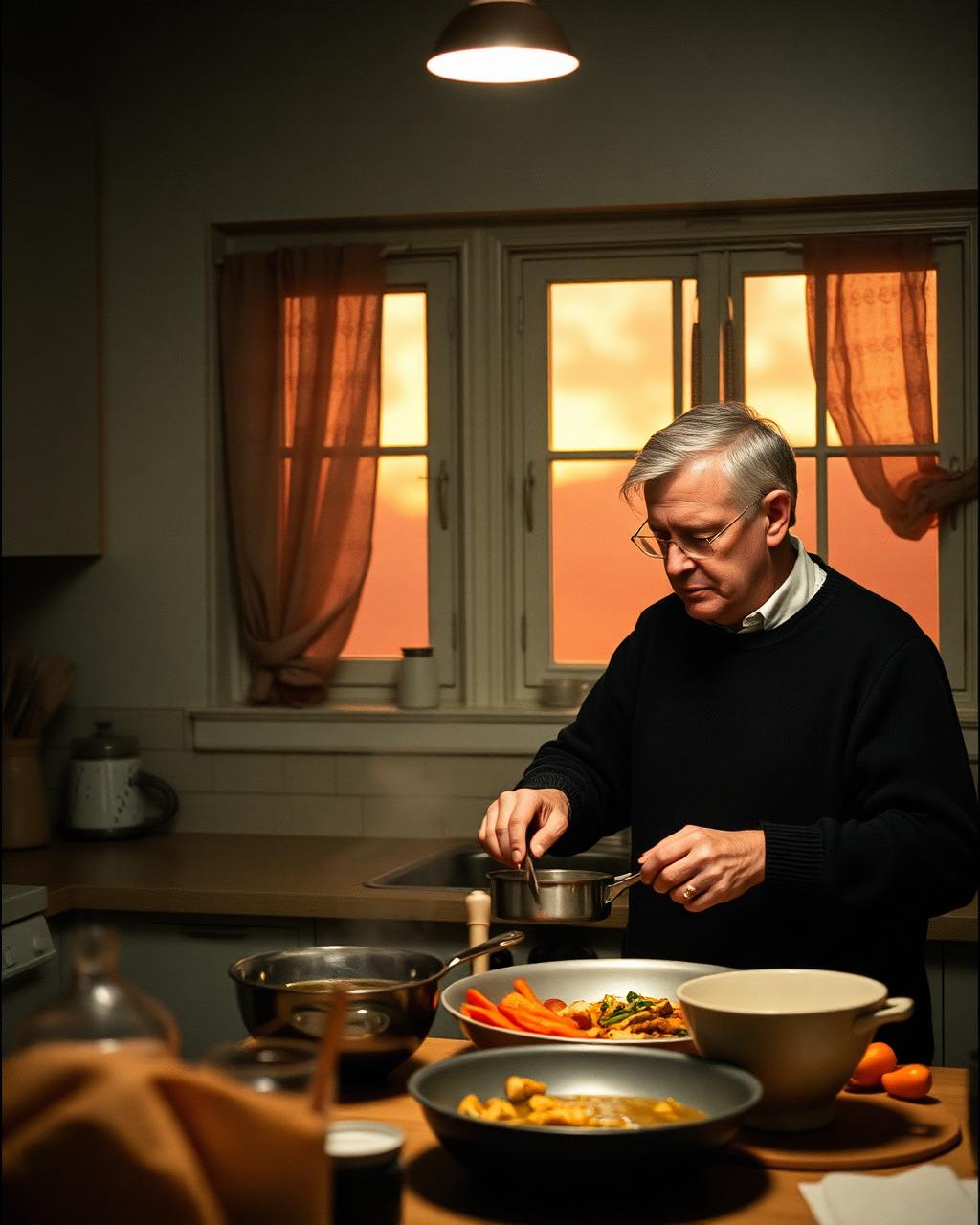 Cooking dinner together in a warm kitchen at dusk