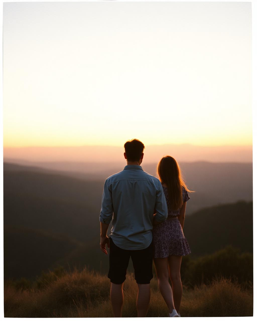 A couple looking out over a wide valley at golden hour